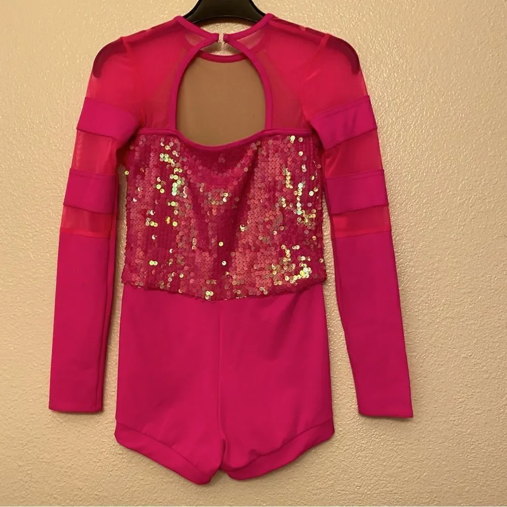 Weissman Dance costume hot pink sassy sequin biketard Bom Bom 11524 Child LC - Picture 3 of 10